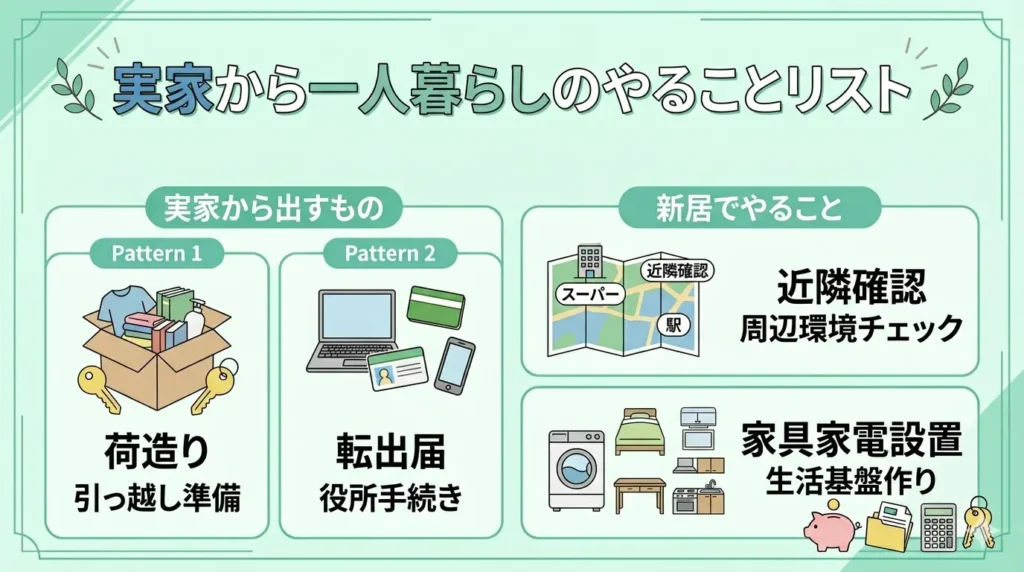 実家から一人暮らしのやることリスト（荷造り・転出届・近隣確認・家具家電設置の4ステップ図解）