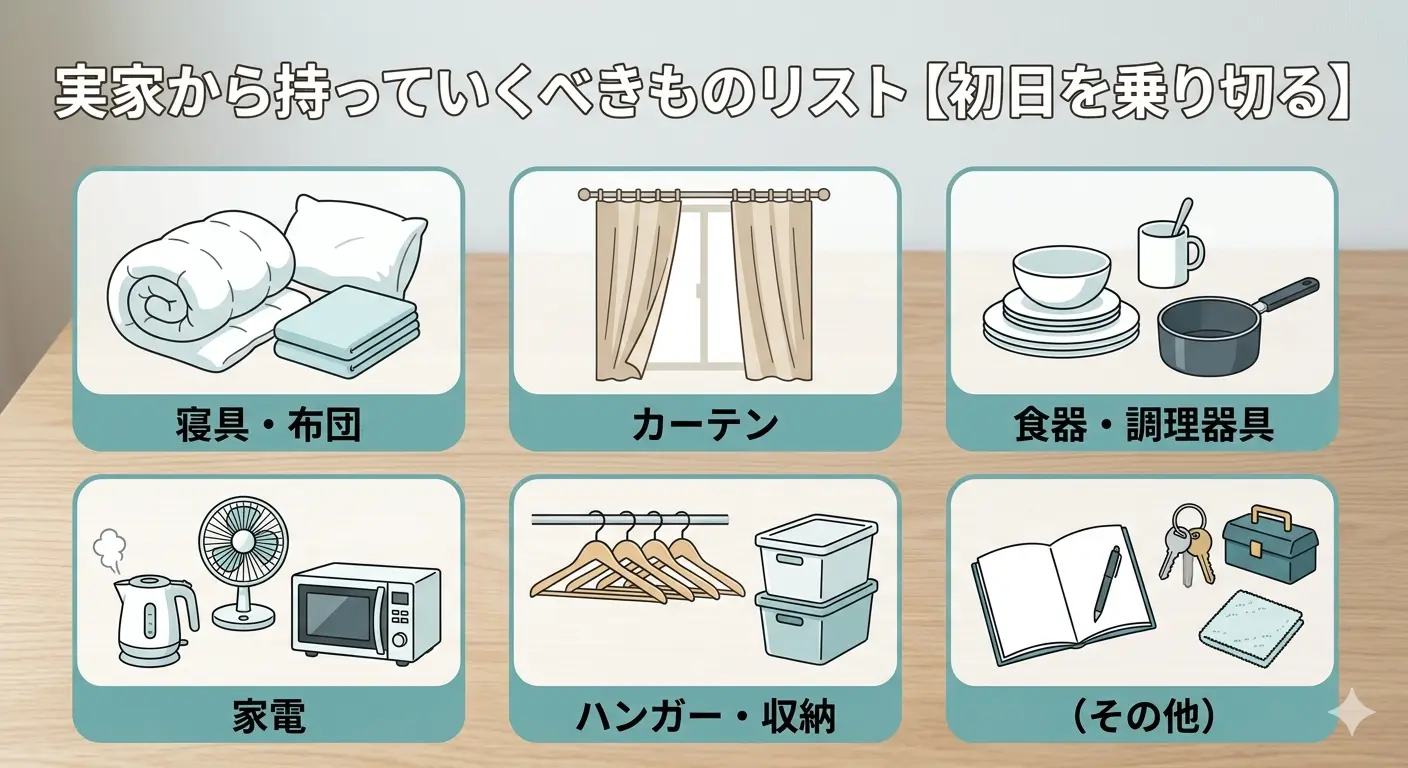 実家から一人暮らしで持っていくべきものリスト6カテゴリ（寝具・カーテン・食器・家電・ハンガー・その他／アンケート）