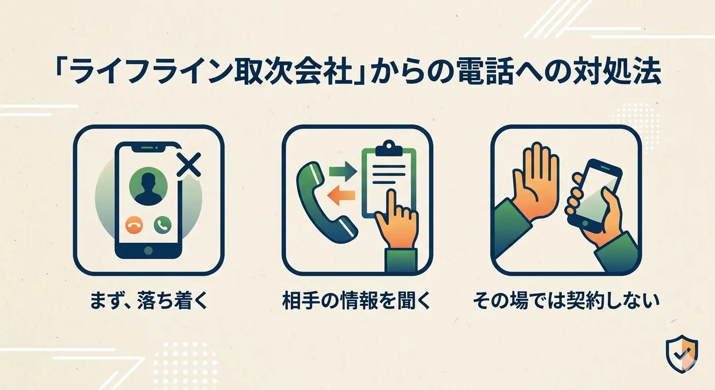 ライフライン取次会社からの電話への対処法3ステップ|落ち着く・情報を聞く・その場で契約しない