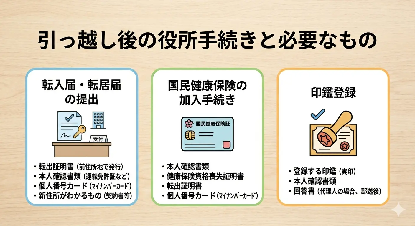 引っ越し後の役所手続き3つと必要なもの一覧。転入届・転居届の提出、国民健康保険の加入手続き、印鑑登録のそれぞれに必要な書類を比較した図解
