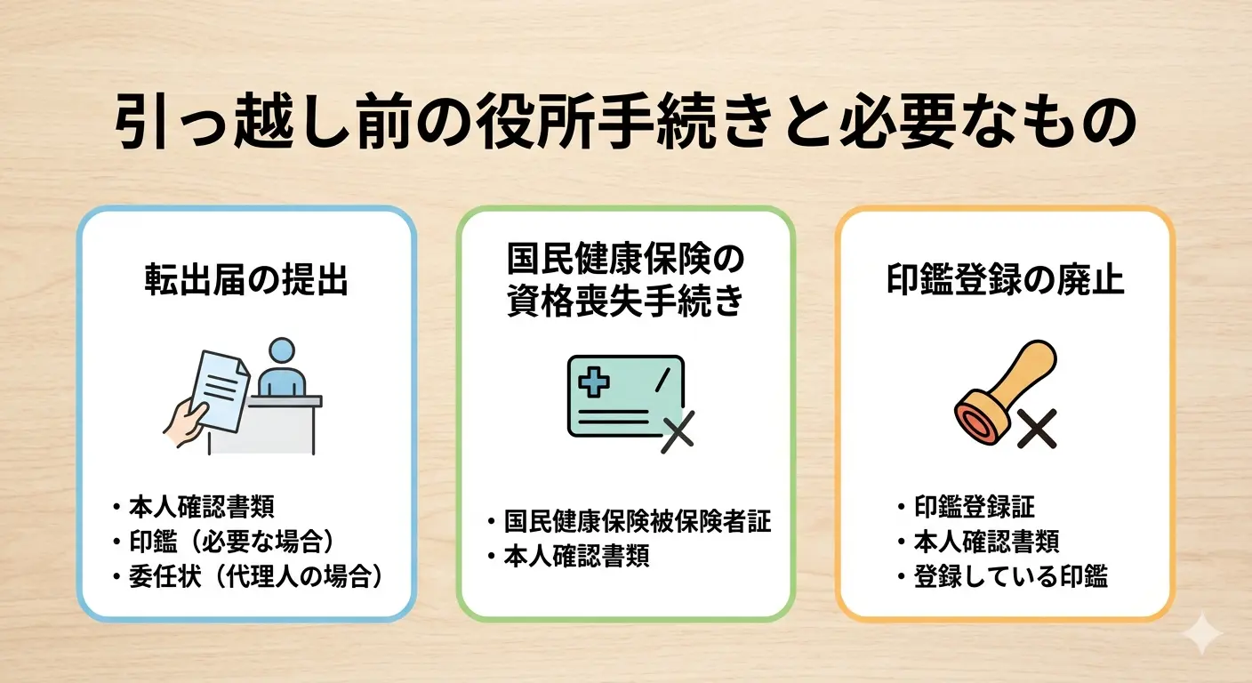 引っ越し前の役所手続き3つと必要なもの一覧。転出届の提出・国民健康保険の資格喪失手続き・印鑑登録の廃止のそれぞれに必要な書類を比較した図解