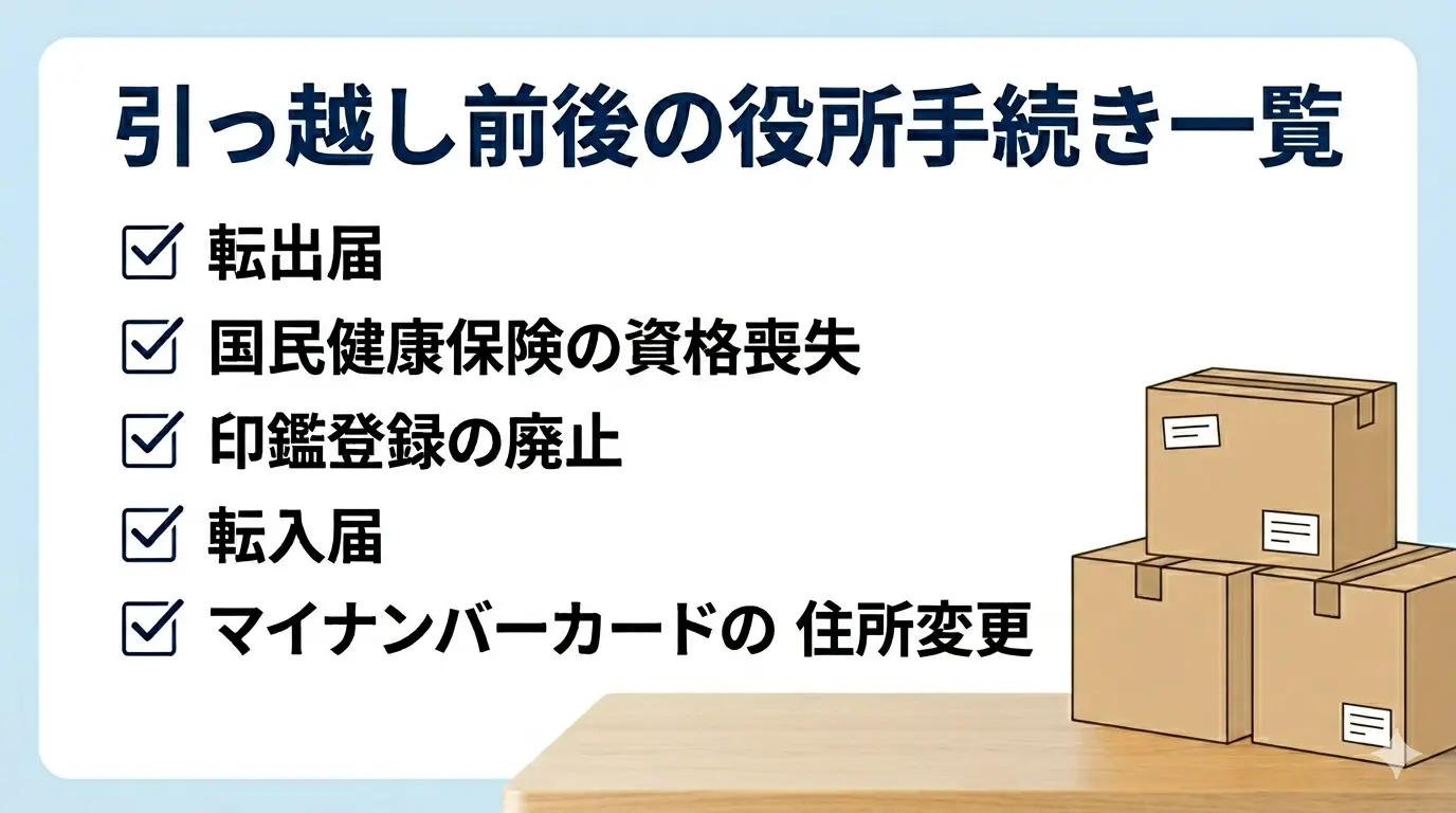 引っ越し前後の役所手続き一覧チェックリスト。転出届・国民健康保険の資格喪失・印鑑登録の廃止・転入届・マイナンバーカードの住所変更の5項目
