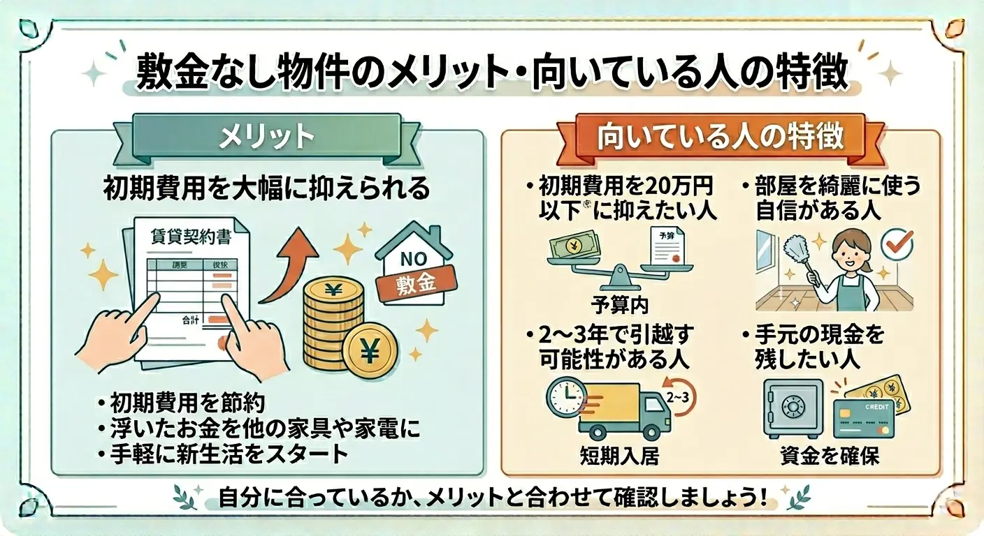 敷金なし物件のメリットと向いている人の特徴をまとめたインフォグラフィック（初期費用節約・短期入居・現金確保・部屋を綺麗に使える人向け）
