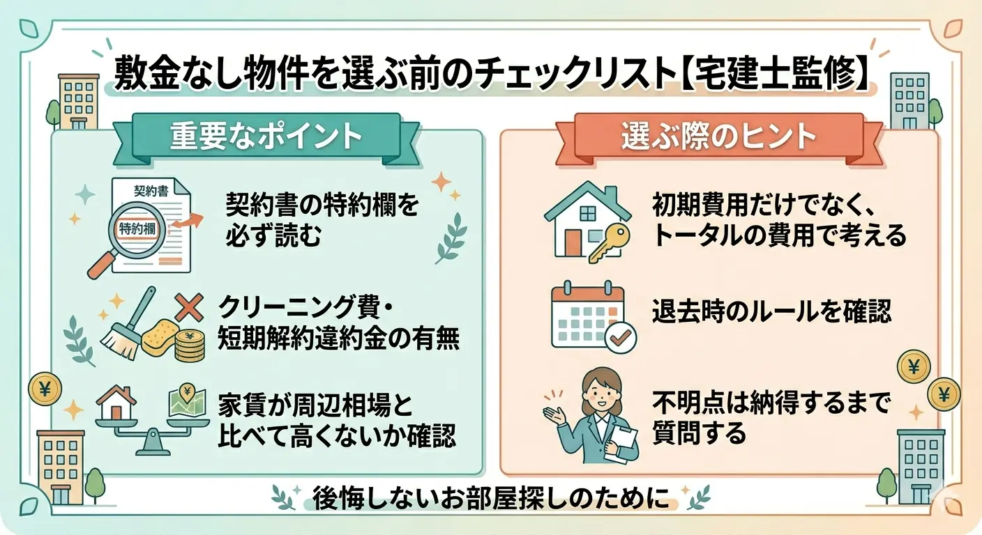敷金なし物件を選ぶ前のチェックリストを宅建士監修でまとめたインフォグラフィック（特約欄・クリーニング費・短期解約違約金・家賃相場の確認ポイント）