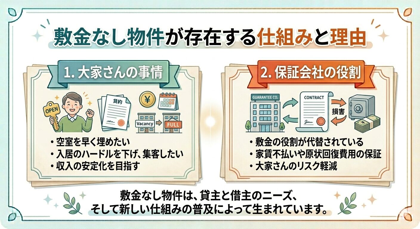 敷金なし物件が存在する仕組みと理由を解説したインフォグラフィック（大家さんの空室対策と保証会社の役割代替）