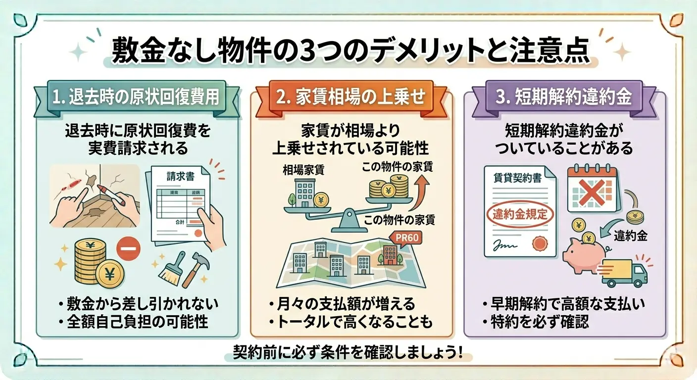 敷金なし物件の3つのデメリットと注意点を解説したインフォグラフィック（退去時の原状回復費用・家賃相場の上乗せ・短期解約違約金）