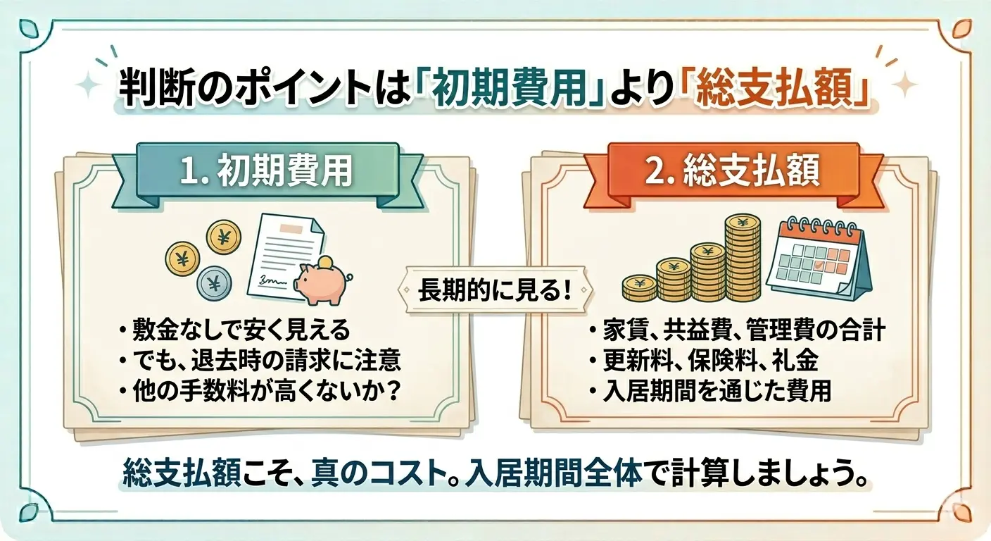 敷金なし物件の判断基準は初期費用より総支払額で見るべきという比較インフォグラフィック