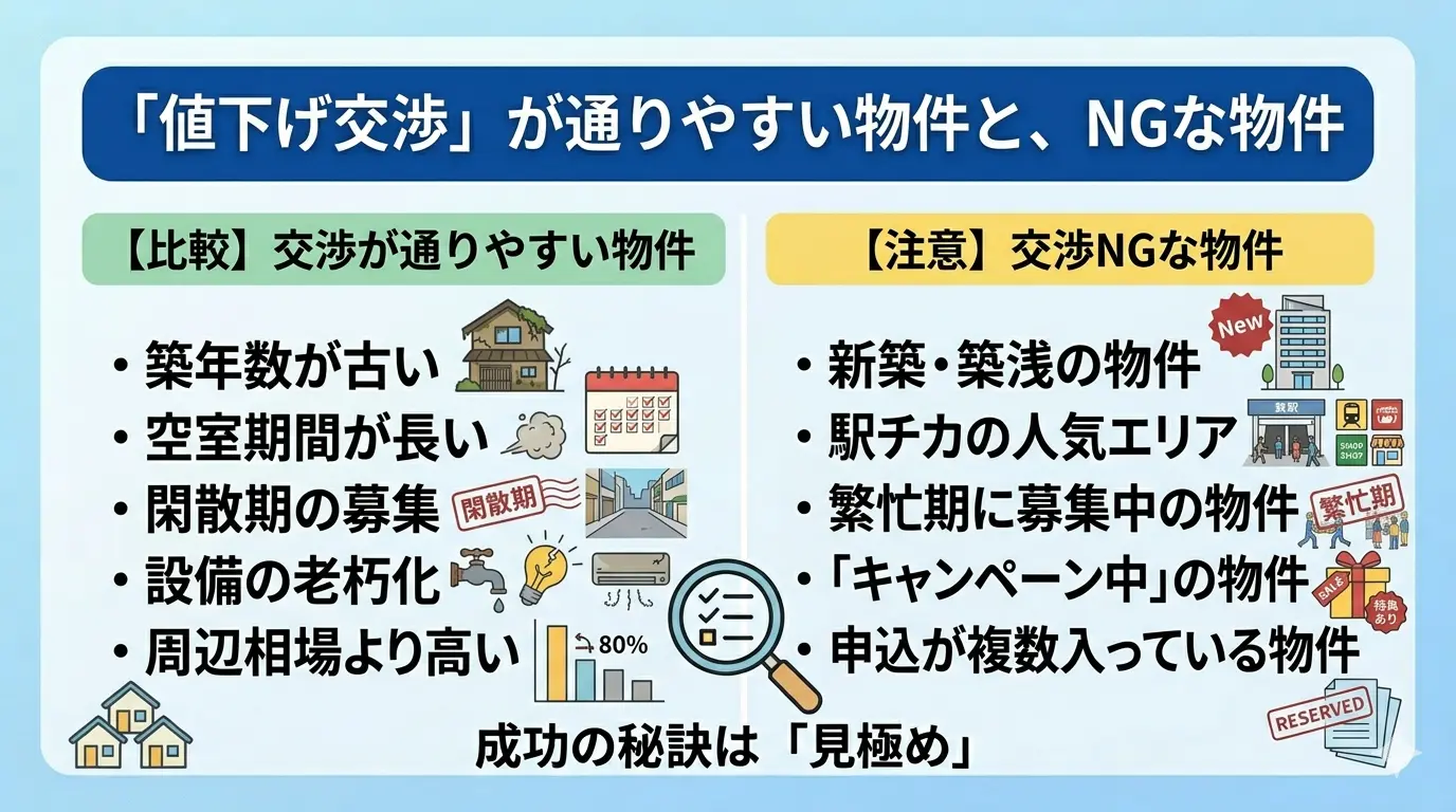 入居前の家賃値下げ交渉が通りやすい物件とNG物件の比較：成功の秘訣は物件の見極め