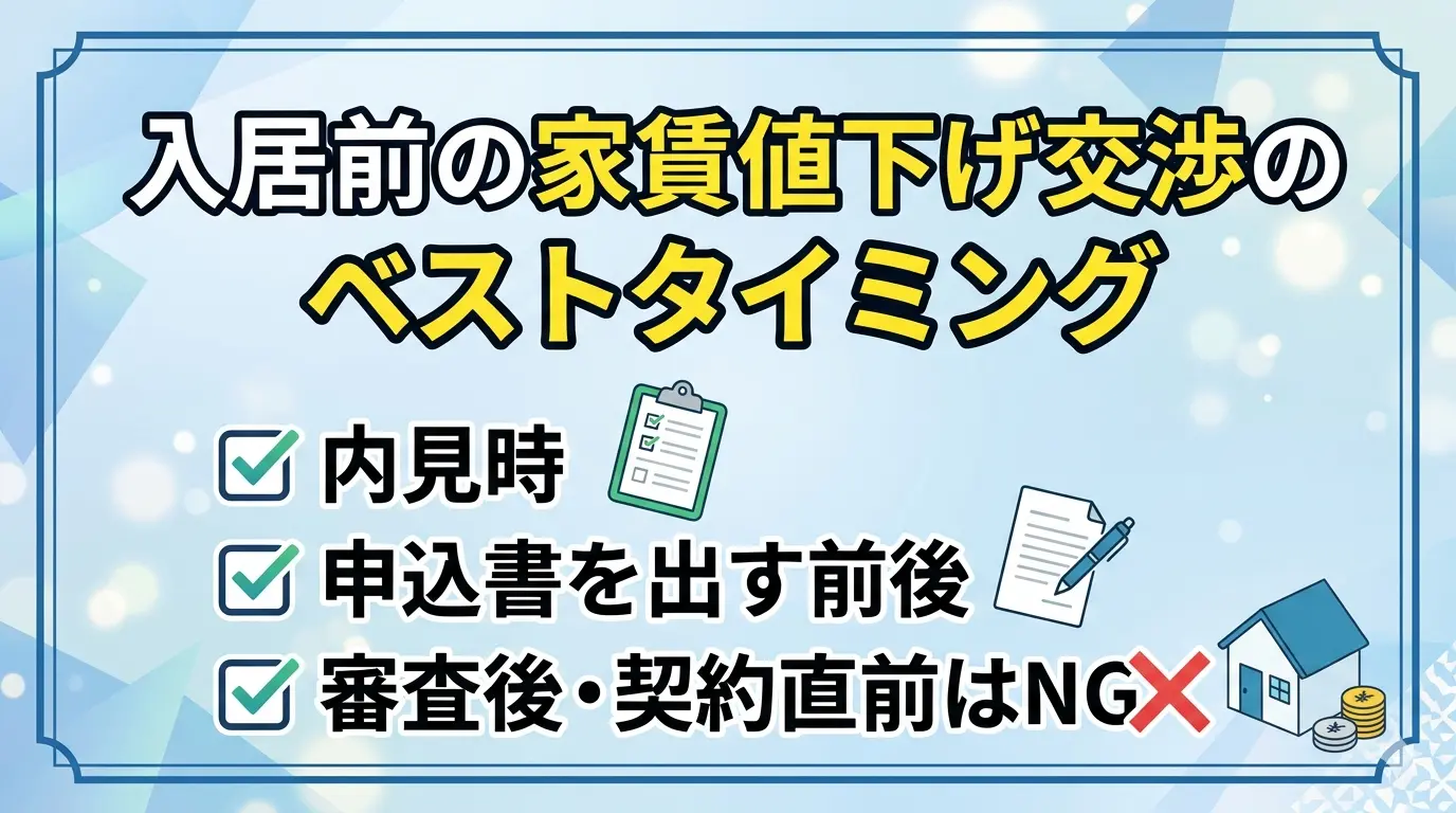 入居前の家賃値下げ交渉のベストタイミング：内見時・申込書を出す前後がOK、審査後と契約直前はNG