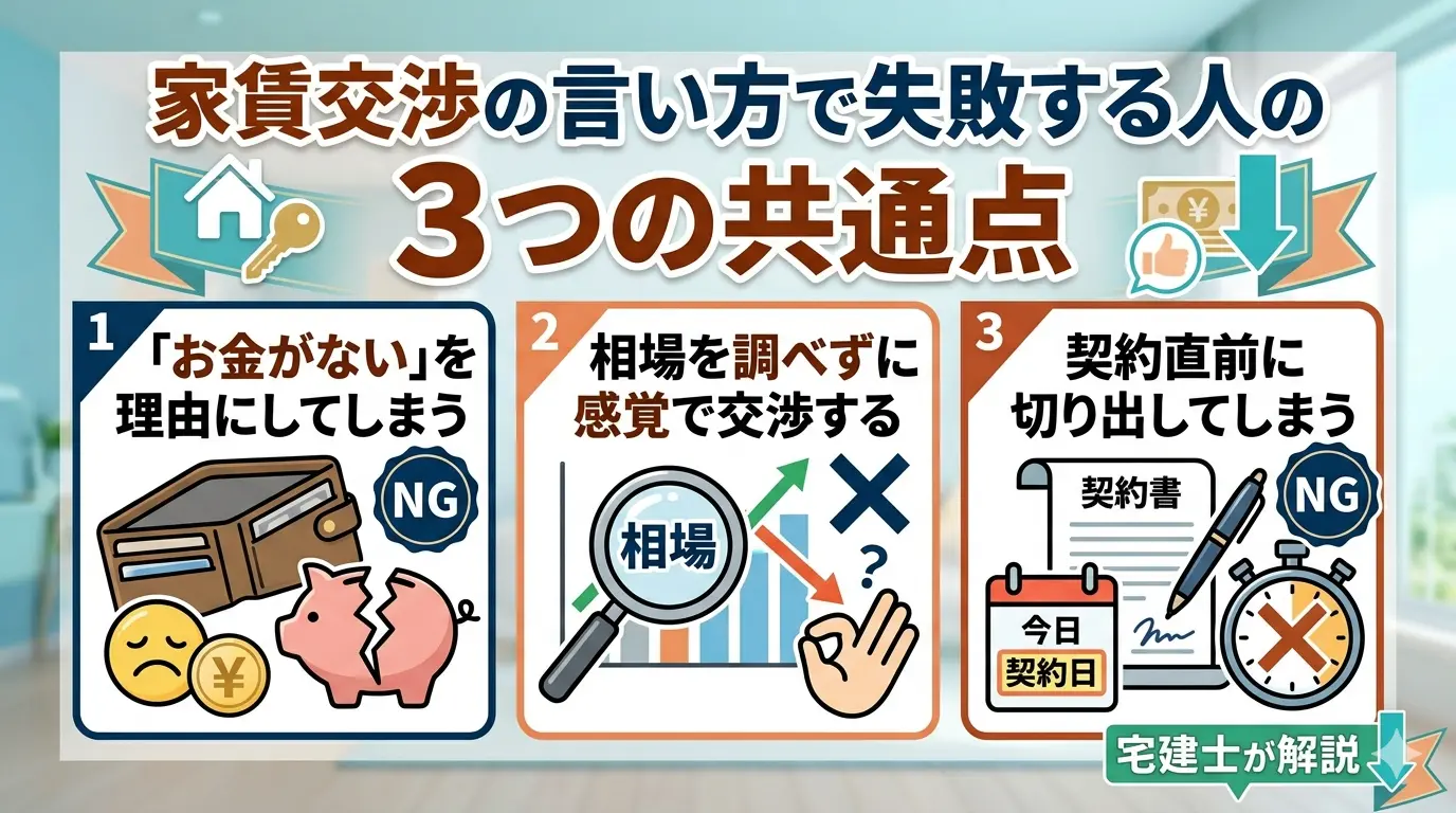 家賃交渉の言い方で失敗する人の3つの共通点：「お金がない」を理由にする・相場を調べない・契約直前に切り出す