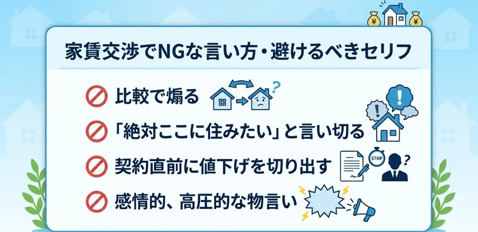 家賃交渉でNGな言い方・避けるべきセリフ4つ：比較で煽る・絶対住みたいと言い切る・契約直前の値下げ・感情的な物言い