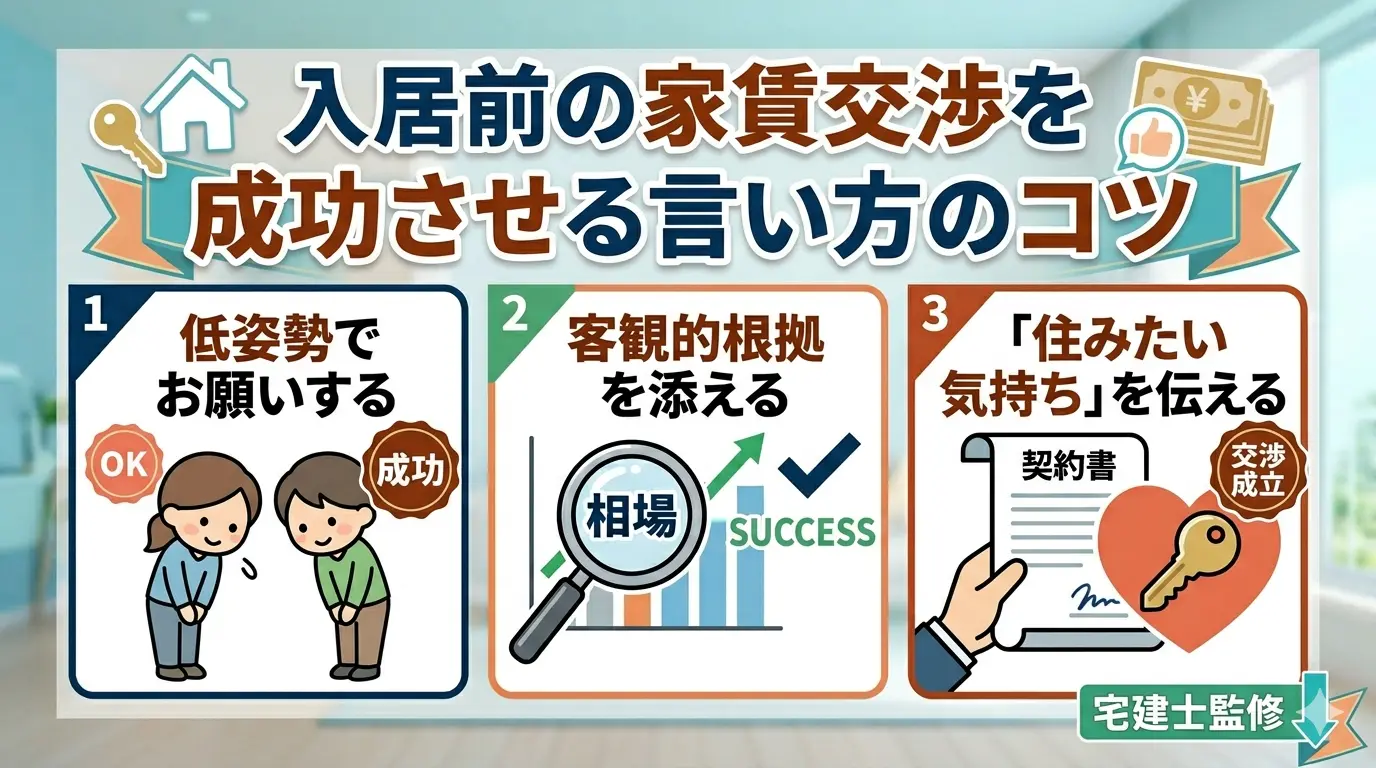 入居前の家賃交渉を成功させる言い方のコツ：低姿勢でお願いする・客観的根拠を添える・住みたい気持ちを伝える