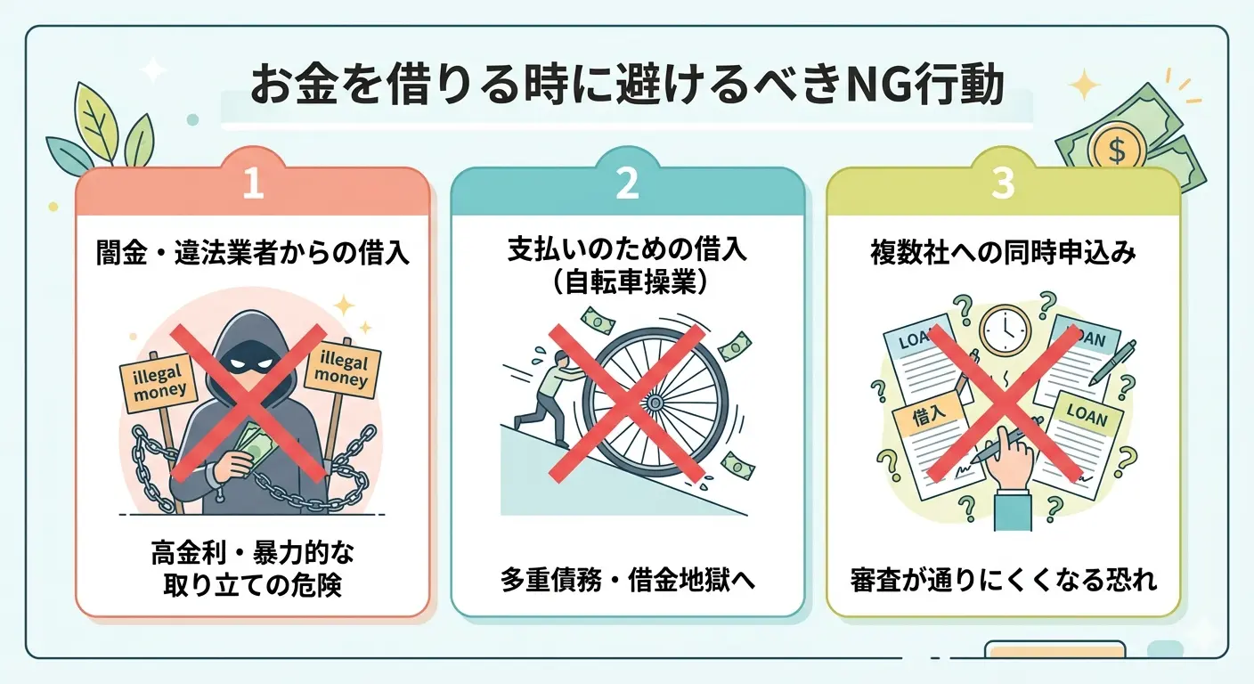 お金を借りる時に避けるべきNG行動3つを示すインフォグラフィック。闇金・違法業者からの借入、支払いのための借入(自転車操業)、複数社への同時申込みの3パターンを警告。それぞれ高金利・多重債務・審査落ちのリスクがある
