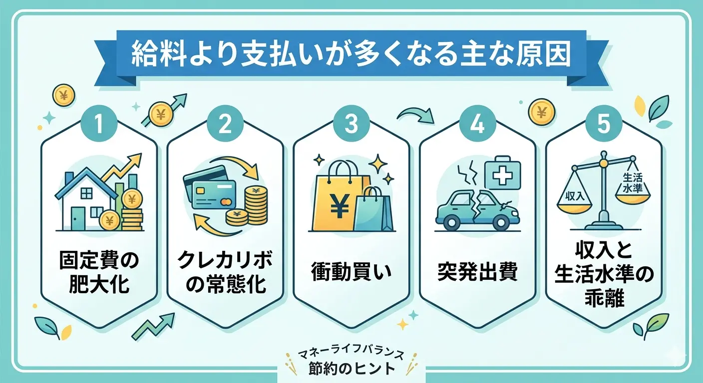 給料より支払いが多くなる主な原因5つを示すインフォグラフィック。固定費の肥大化・クレカリボの常態化・衝動買い・突発出費・収入と生活水準の乖離の5要因をアイコン付きで整理