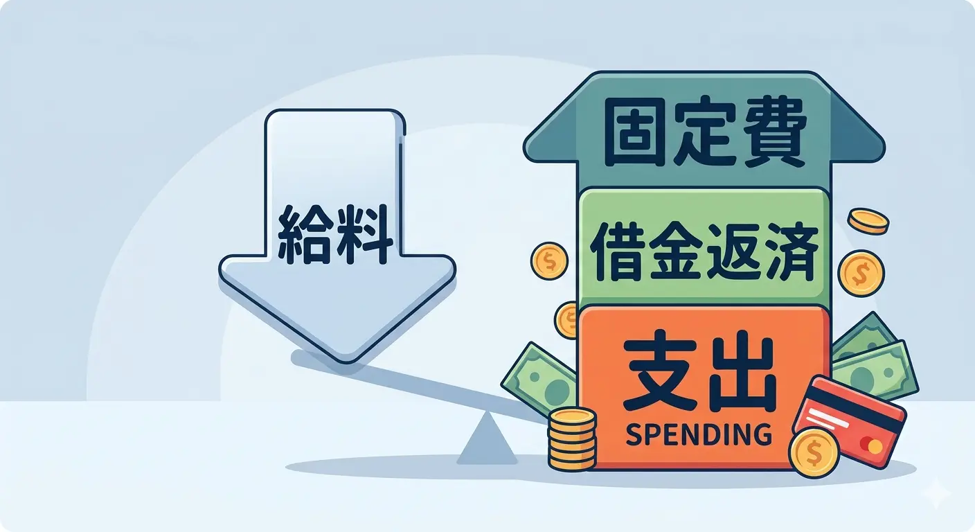 給料より支払いが多くなる3つの原因を示すイラスト。給料を表す下向き矢印に対し、固定費・借金返済・支出という3要素が積み重なって支出側が重くなっているシーソー構造で家計の不均衡を視覚化