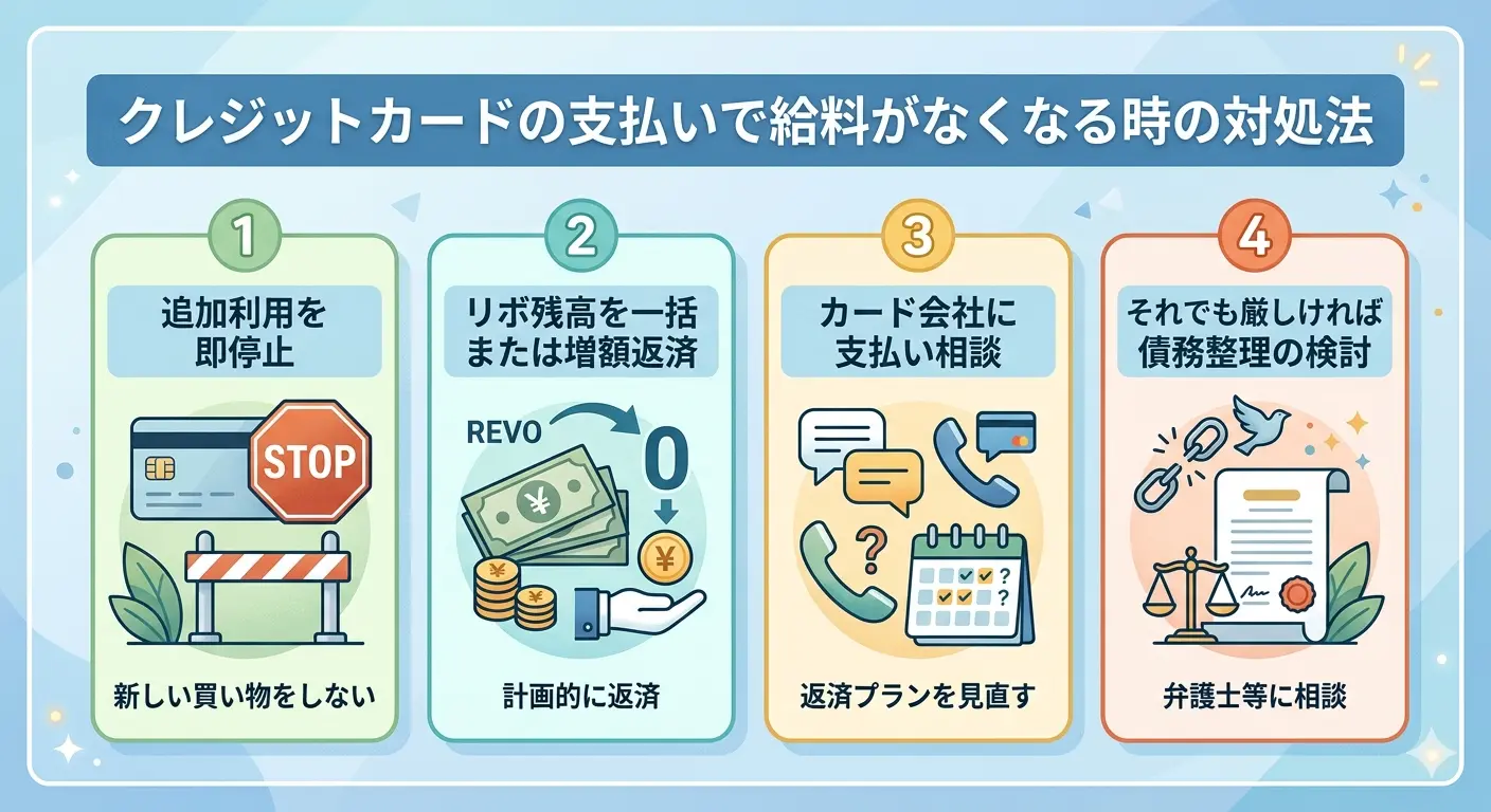 クレジットカードの支払いで給料がなくなる時の対処法4ステップを示すインフォグラフィック。追加利用を即停止、リボ残高を一括または増額返済、カード会社に支払い相談、それでも厳しければ債務整理の検討の順番で対処する