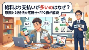 給料より支払いが多い原因と対処法を宅建士・FP2級が解説する記事のアイキャッチ画像。請求書とクレジットカードを手にした男性と、原因(無駄遣い・借金・生活費)と対処法(節約・家計簿・返済計画)を解説する専門家のイラスト