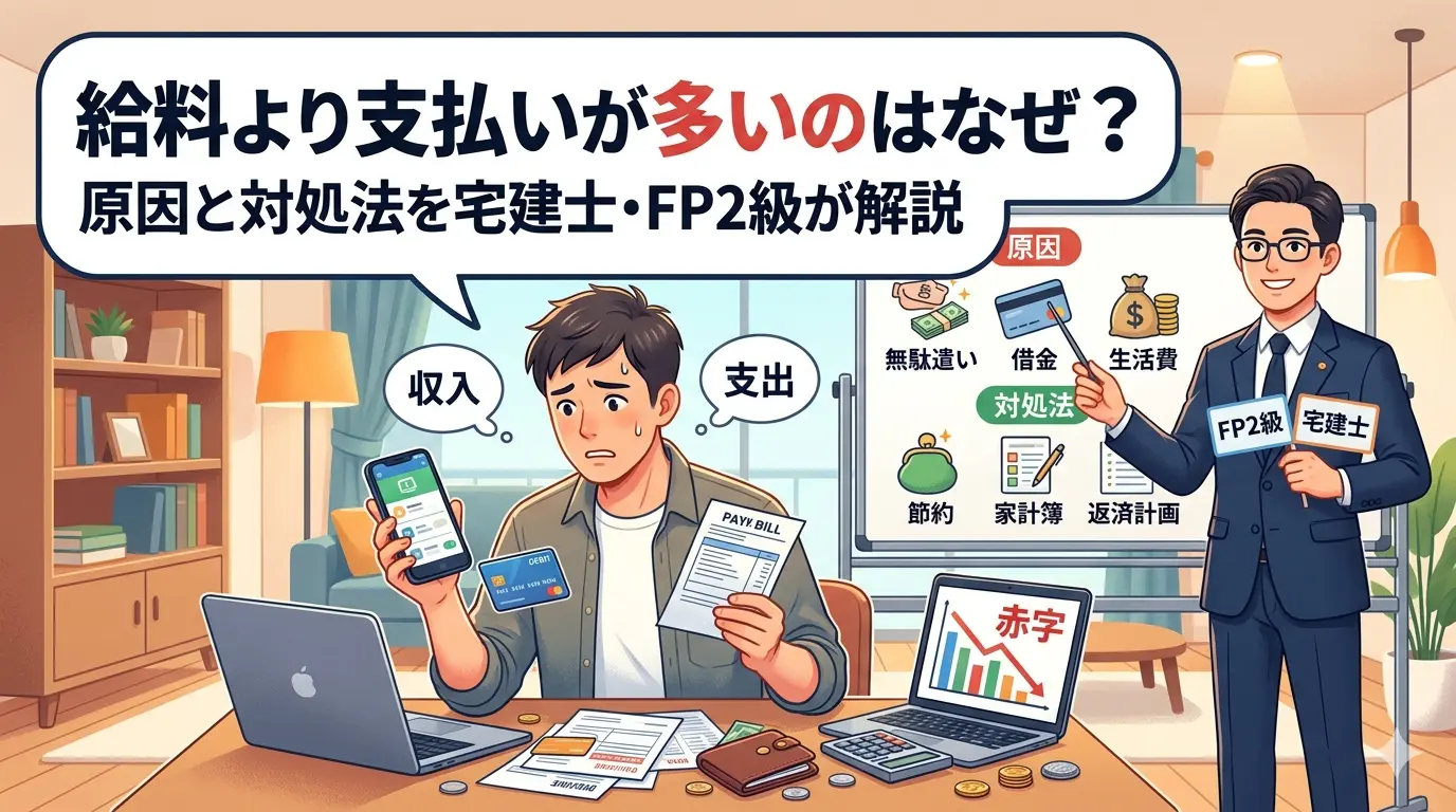 給料より支払いが多い原因と対処法を宅建士・FP2級が解説する記事のアイキャッチ画像。請求書とクレジットカードを手にした男性と、原因（無駄遣い・借金・生活費）と対処法（節約・家計簿・返済計画）を解説する専門家のイラスト