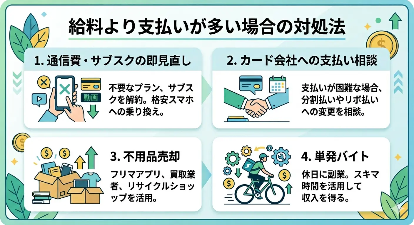 給料より支払いが多い場合の即効性のある対処法4つを示すインフォグラフィック。通信費・サブスクの即見直し、カード会社への支払い相談、不要品売却、単発バイトの4ステップでアイコン付きに整理