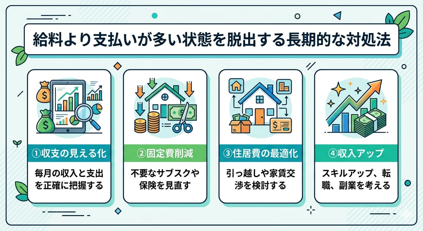 給料より支払いが多い状態を脱出する長期的な対処法4ステップを示すインフォグラフィック。収支の見える化、固定費削減、住居費の最適化、収入アップの4段階で家計改善を段階的に進める手順を整理