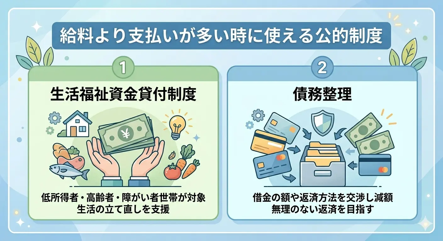 給料より支払いが多い時に使える公的制度2つを示すインフォグラフィック。生活福祉資金貸付制度は低所得者・高齢者・障がい者世帯が対象で生活の立て直しを支援、債務整理は借金の額や返済方法を交渉し減額する制度