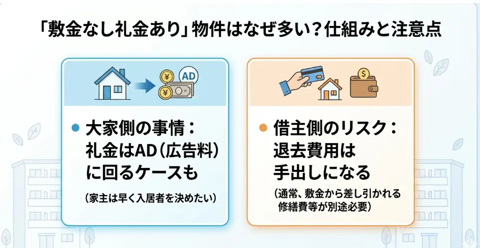 敷金なし礼金あり物件の仕組みと注意点(大家側の事情と借主側のリスク)