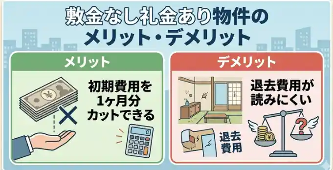 敷金なし礼金あり物件のメリット・デメリット比較図解（メリットは初期費用を1ヶ月分カットできる、デメリットは退去費用が読みにくい）