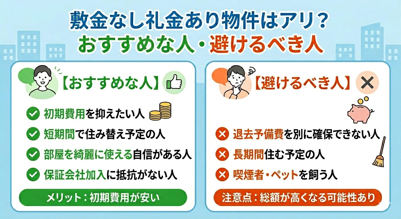 敷金なし礼金あり物件のおすすめな人と避けるべき人の比較図解（おすすめな人は初期費用を抑えたい人や短期間で住み替え予定の人、避けるべき人は退去予備費を確保できない人や長期間住む予定の人）