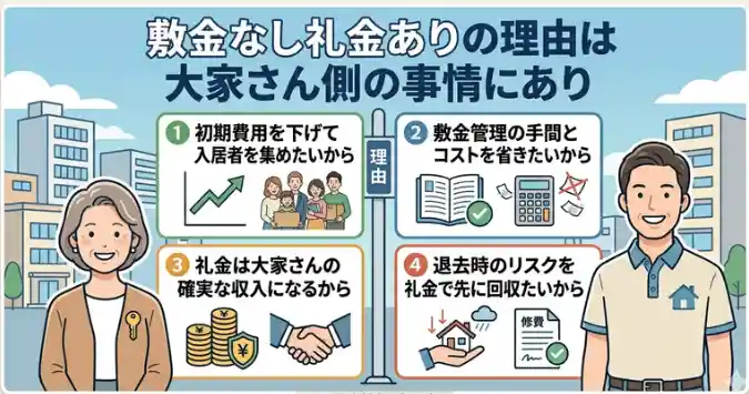 敷金なし礼金ありの理由を大家さん側の事情から4つに整理した図解（初期費用を下げて入居者を集めたい・敷金管理の手間とコストを省きたい・礼金は確実な収入になる・退去時のリスクを礼金で先に回収したい）