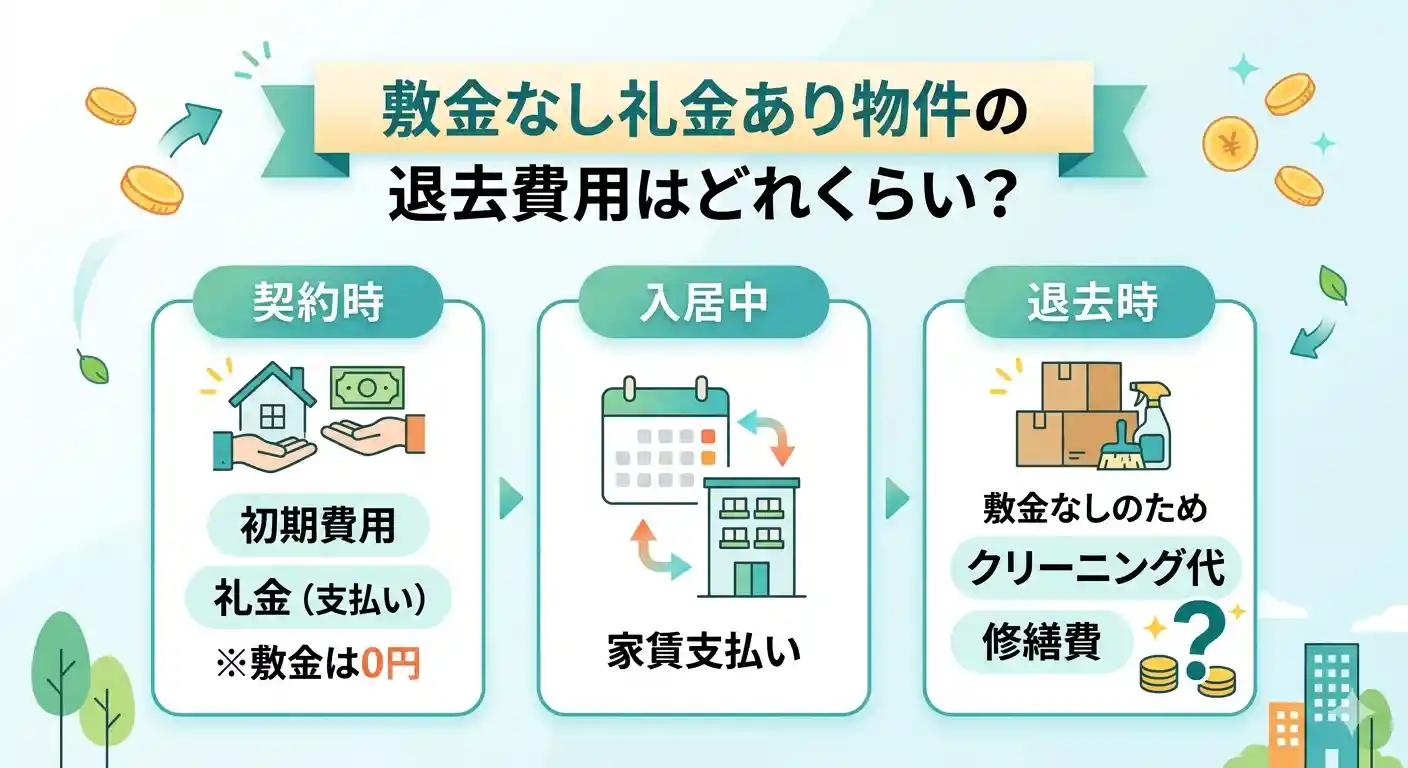 敷金なし礼金あり物件の退去費用フロー図解（契約時に礼金と初期費用を支払い敷金は0円、入居中は家賃を支払い、退去時に敷金がないためクリーニング代と修繕費を別途支払う）