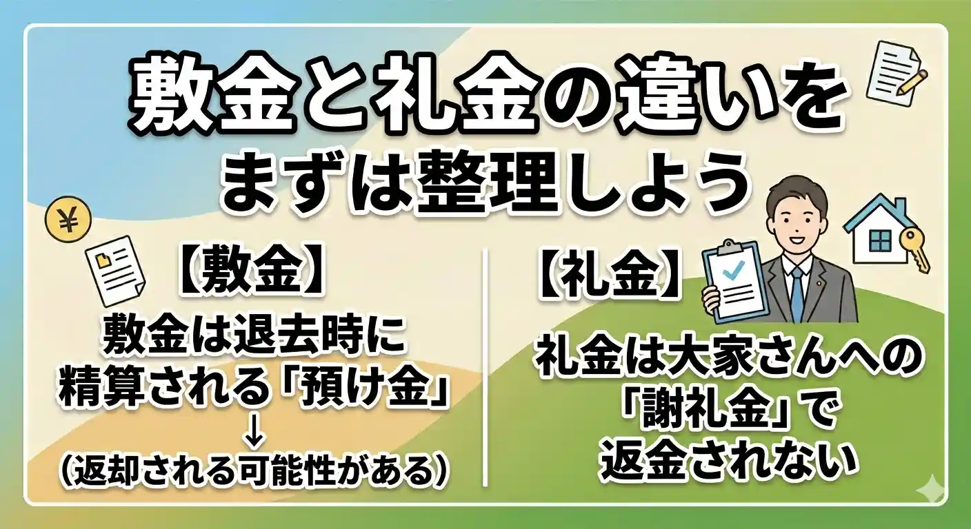 敷金と礼金の違いを比較した図解（敷金は預け金で返却される可能性あり、礼金は謝礼金で返金されない）