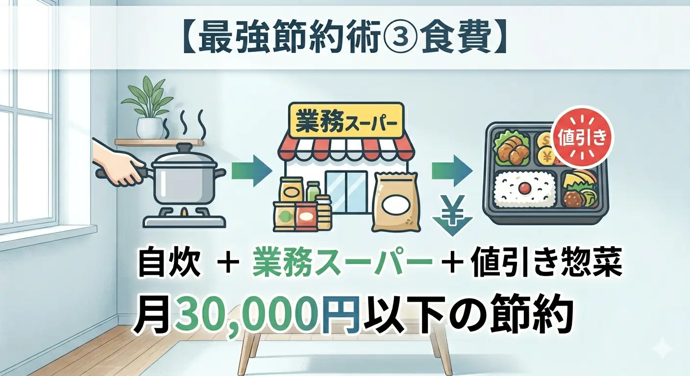 一人暮らしの最強節約術③食費は「自炊+業務スーパー+値引き惣菜」の3つで月30,000円以下に抑える方法を示したインフォグラフィック。