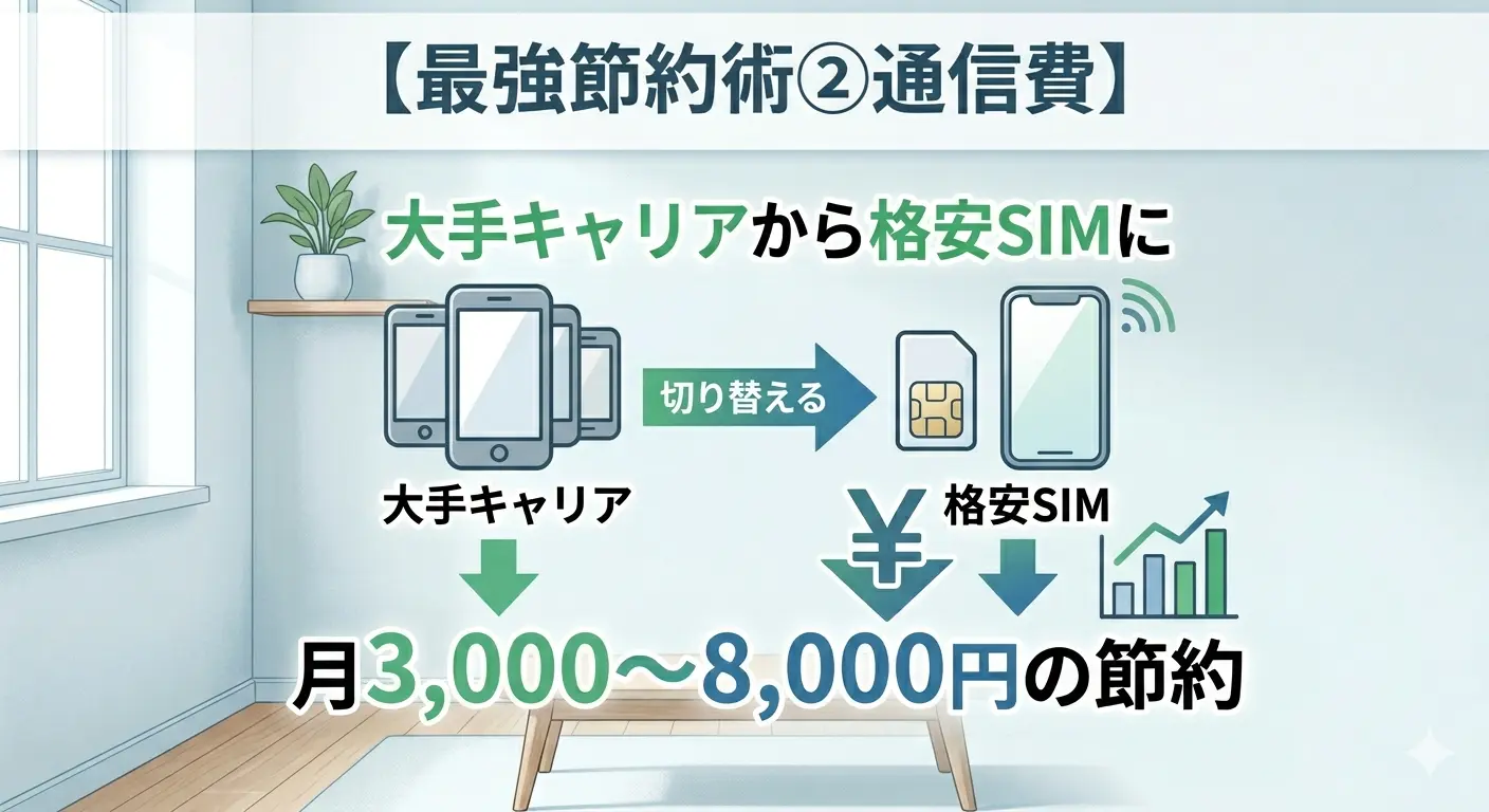 一人暮らしの最強節約術②通信費は大手キャリアから格安SIMに切り替えるだけで月3,000〜8,000円の節約が可能。通信費削減の効果を示したインフォグラフィック。