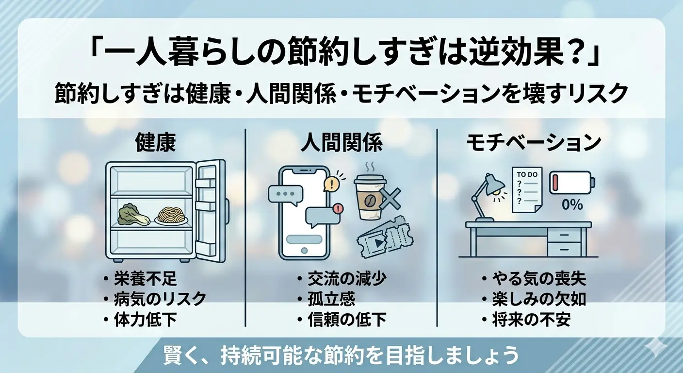 一人暮らしの節約しすぎは逆効果になるリスク。健康(栄養不足・病気・体力低下)、人間関係(交流減少・孤立感・信頼低下)、モチベーション(やる気喪失・楽しみの欠如・将来の不安)の3つの逆効果を示したインフォグラフィック。