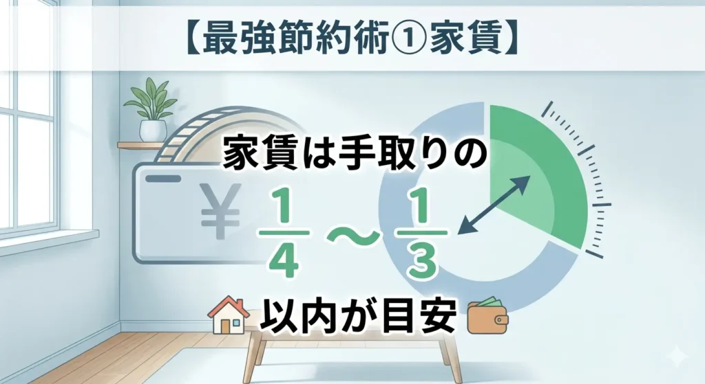 一人暮らしの最強節約術①家賃は手取りの1/4〜1/3以内が目安。UR都市機構の家賃目安基準をビジュアルで示した解説画像。
