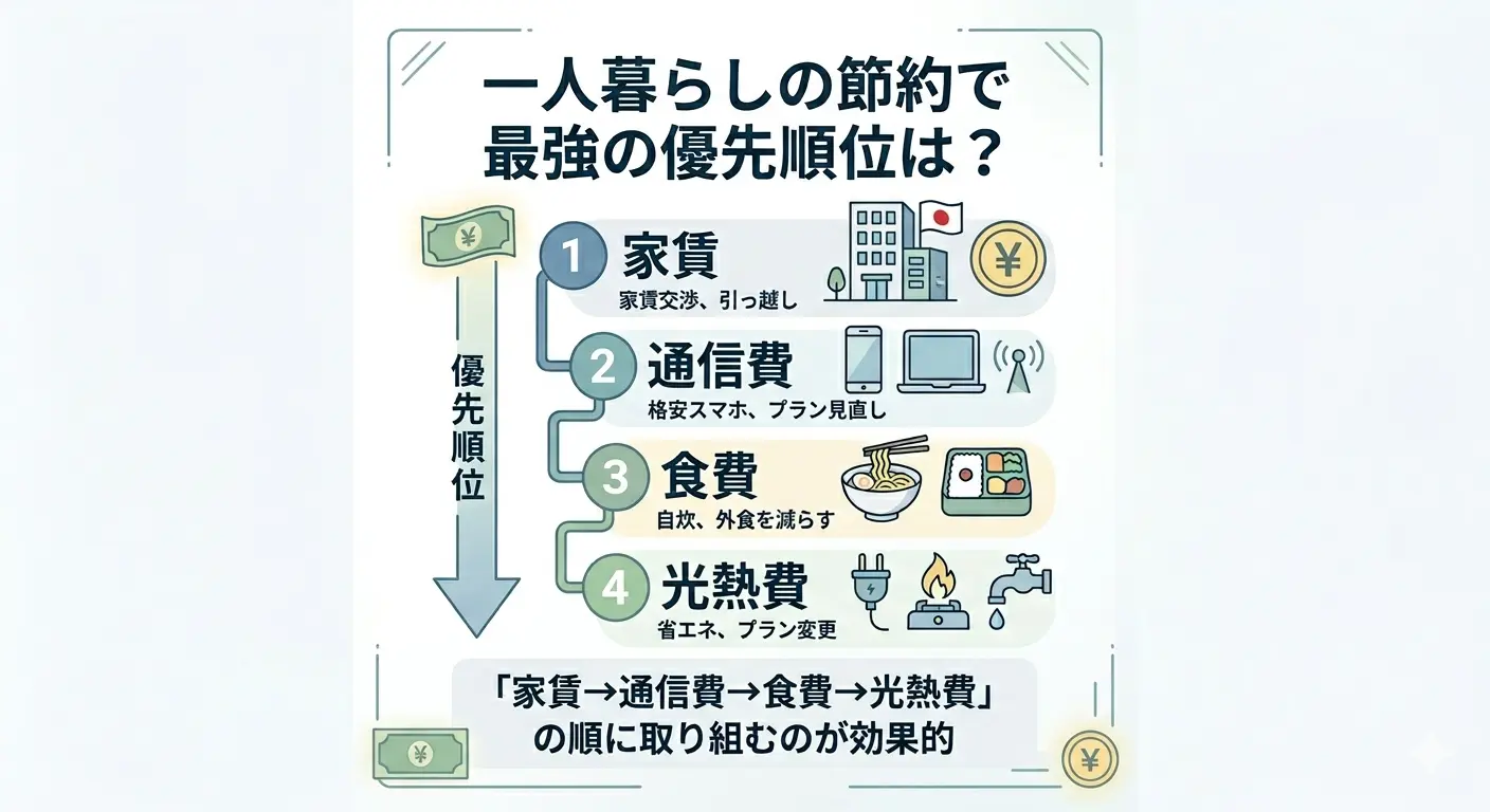 一人暮らしの節約で最強の優先順位は「家賃→通信費→食費→光熱費」の順。固定費から取り組むのが効果的という結論を示したインフォグラフィック。