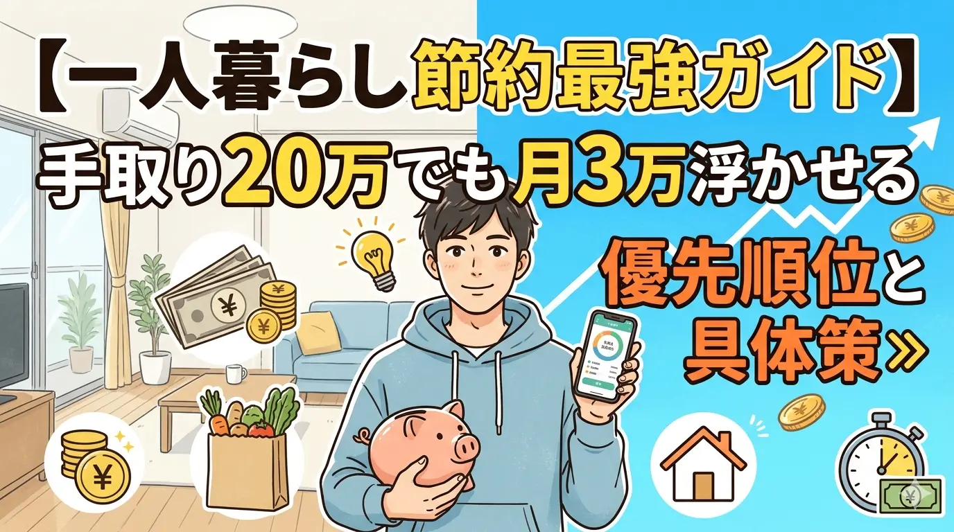 一人暮らし節約最強ガイドのアイキャッチ画像。手取り20万でも月3万浮かせる優先順位と具体策を解説。