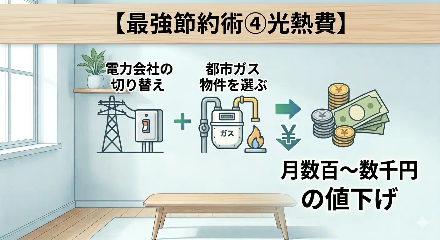 一人暮らしの最強節約術④光熱費は電力会社の切り替えと都市ガス物件を選ぶことで月数百〜数千円の値下げが可能。光熱費削減の効果を示したインフォグラフィック。