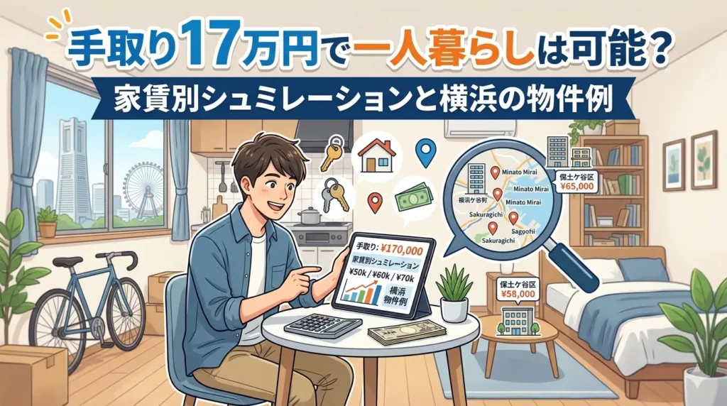 手取り17万円で一人暮らしのシュミレーションを行う男性と、横浜の家賃別物件例のイラスト
