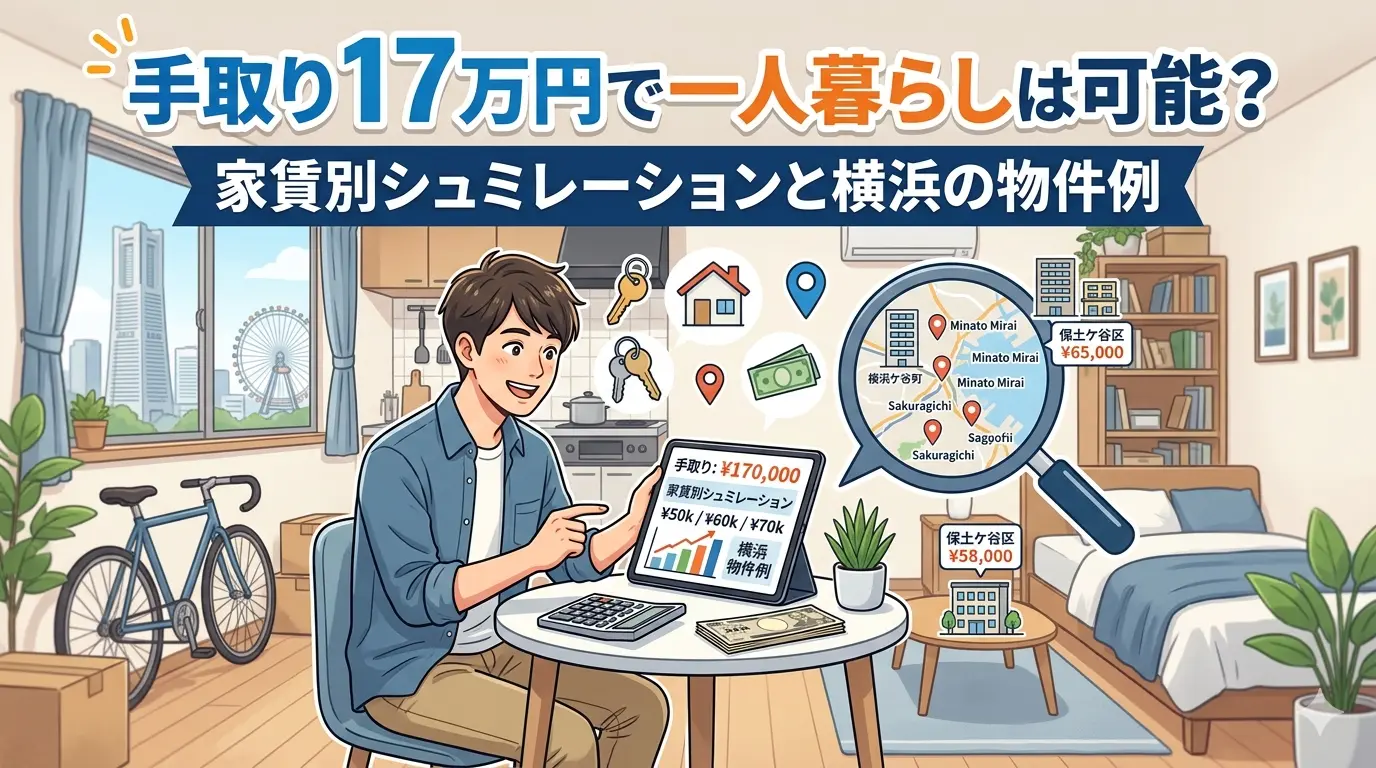 手取り17万円で一人暮らしのシュミレーションを行う男性と、横浜の家賃別物件例のイラスト