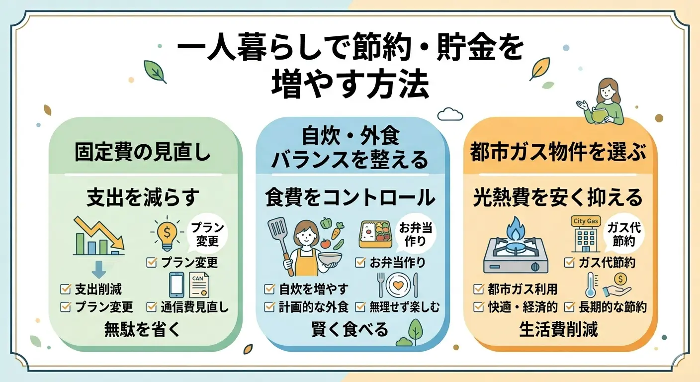手取り17万円の一人暮らしで節約・貯金を増やす3つの方法(固定費見直し・自炊外食バランス・都市ガス物件選び)