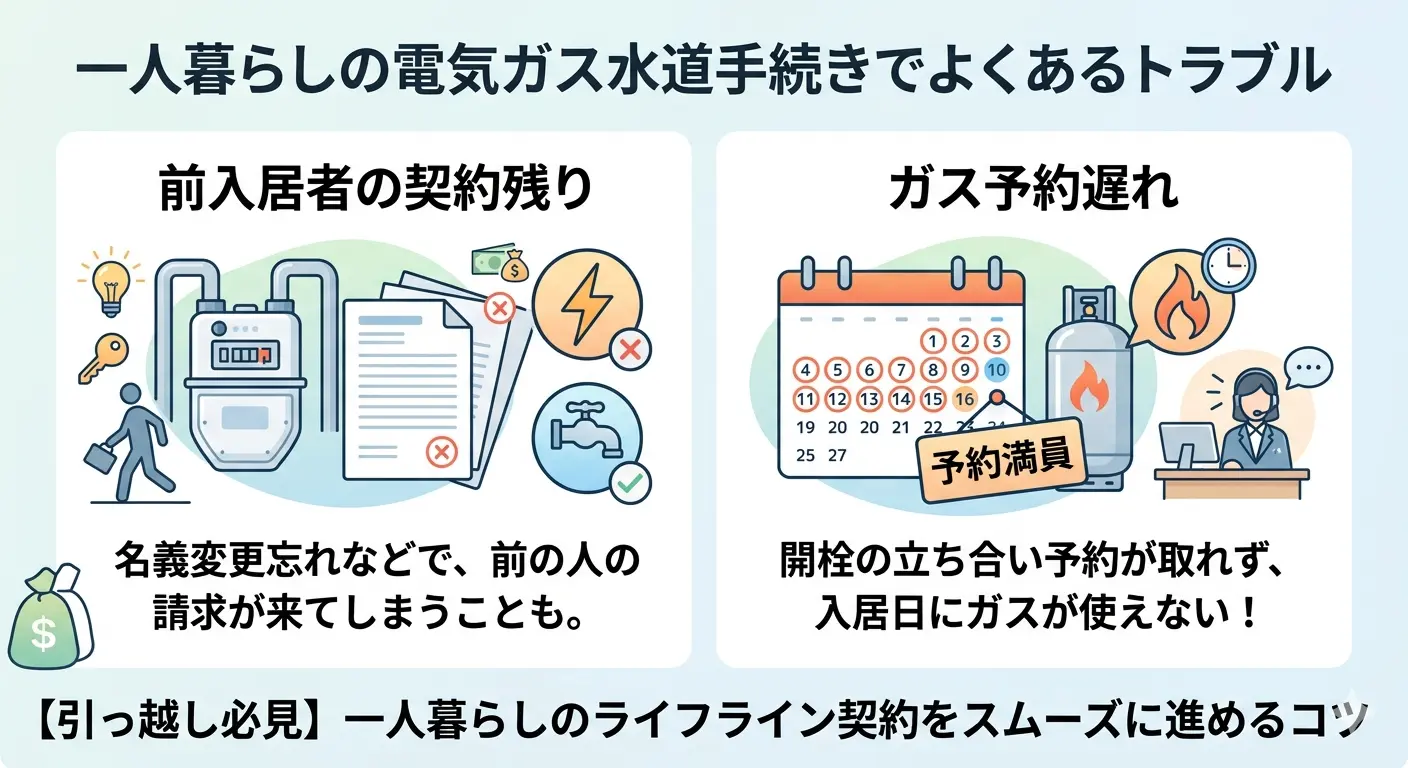 一人暮らしの電気ガス水道手続きでよくあるトラブル|前入居者の契約残りとガス予約遅れに注意