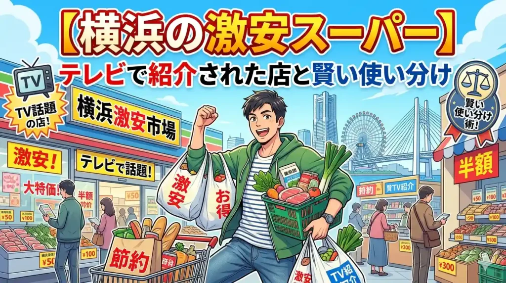 横浜の激安スーパーをテーマにした記事のアイキャッチ。買い物カゴいっぱいの食材を持つ男性と、みなとみらいの観覧車・ベイブリッジを背景に「激安」「半額」「節約」の値札が並ぶイラスト
