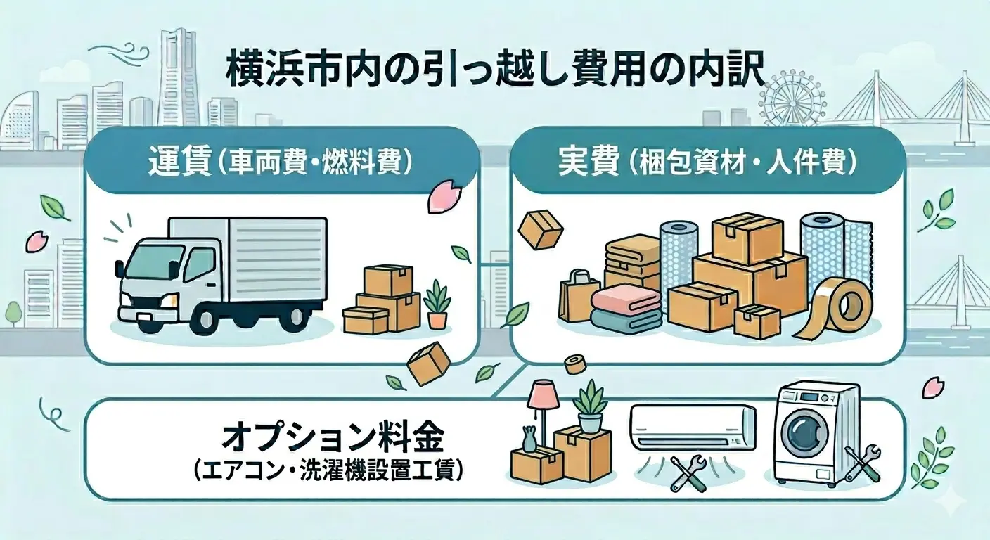 横浜市内の引っ越し費用の内訳:運賃(車両費・燃料費)・実費(梱包資材・人件費)・オプション料金(エアコン・洗濯機設置工賃)の3要素