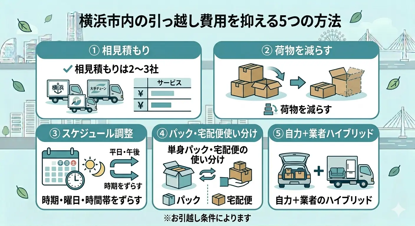 横浜市内の引っ越し費用を抑える5つの方法:①相見積もり2〜3社 ②荷物を減らす ③時期・曜日・時間帯をずらす ④単身パック・宅配便の使い分け ⑤自力+業者ハイブリッド