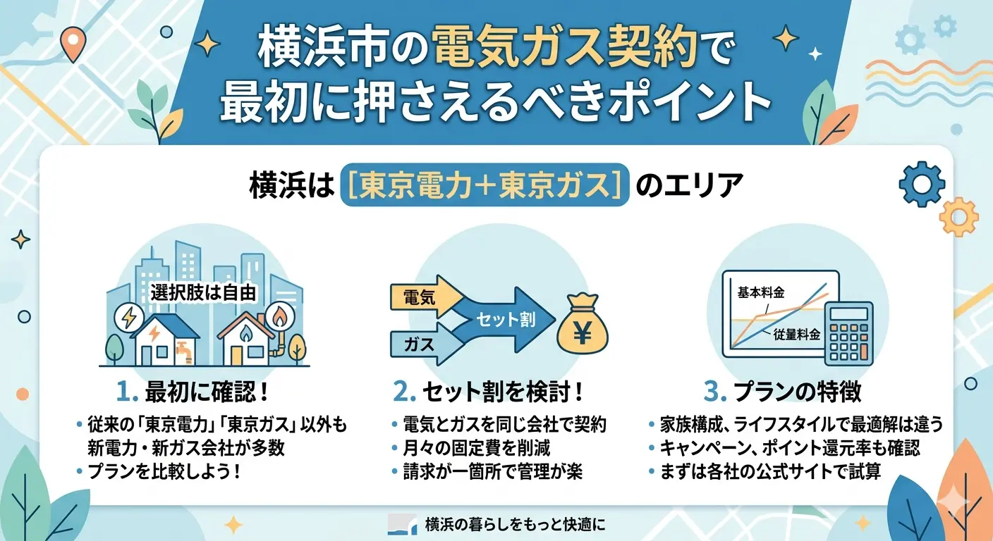 横浜市の電気ガス契約で最初に押さえる3つのポイントの図解。横浜は東京電力+東京ガスのエリアで、選択肢の確認・セット割の検討・プランの特徴比較が要点