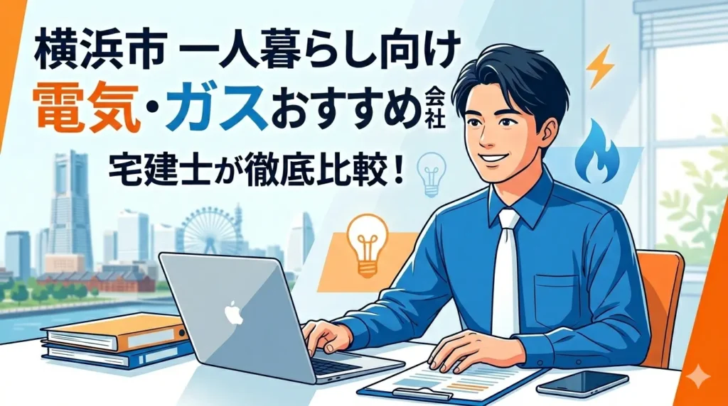横浜市の一人暮らし向け電気ガスおすすめ会社を宅建士が徹底比較する記事のアイキャッチ画像。横浜のランドマークを背景にノートパソコンで比較する男性