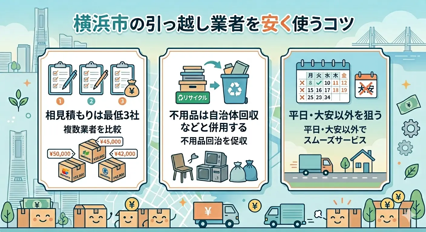 横浜市の引っ越し業者を安く使うコツの図解。相見積もりは最低3社で比較、不用品は自治体回収などと併用、平日や大安以外を狙うの3点