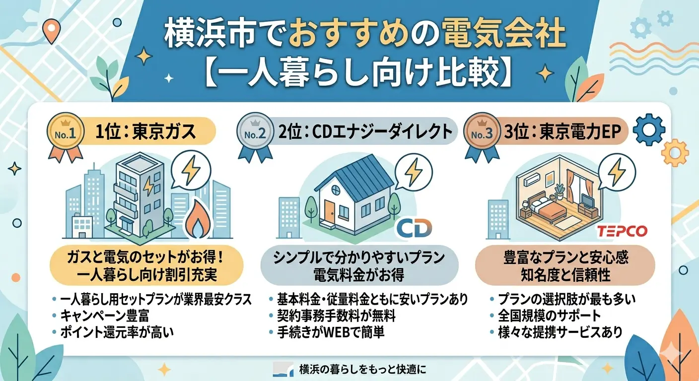 横浜市の一人暮らしにおすすめの電気会社ランキング図解。1位東京ガス、2位CDエナジーダイレクト、3位東京電力EPと各社の特徴を比較