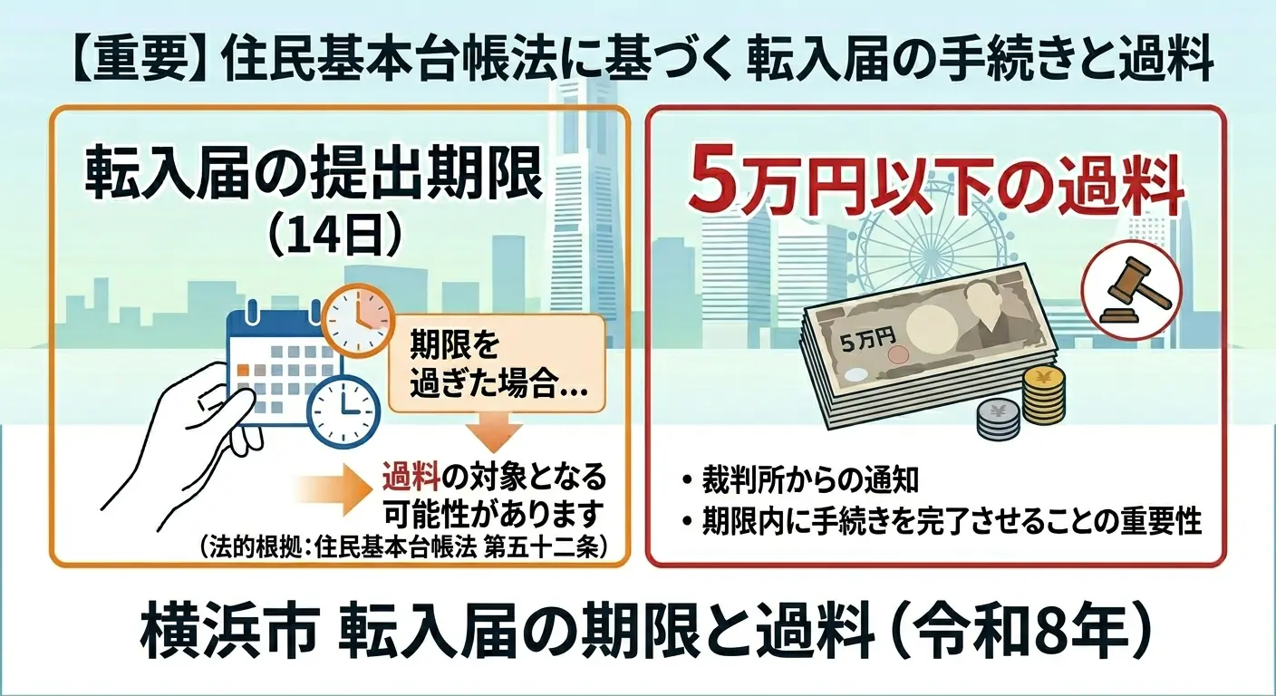 横浜市の転入届は14日以内が期限で過ぎると住民基本台帳法第52条により5万円以下の過料の対象になる可能性がある旨を示した図